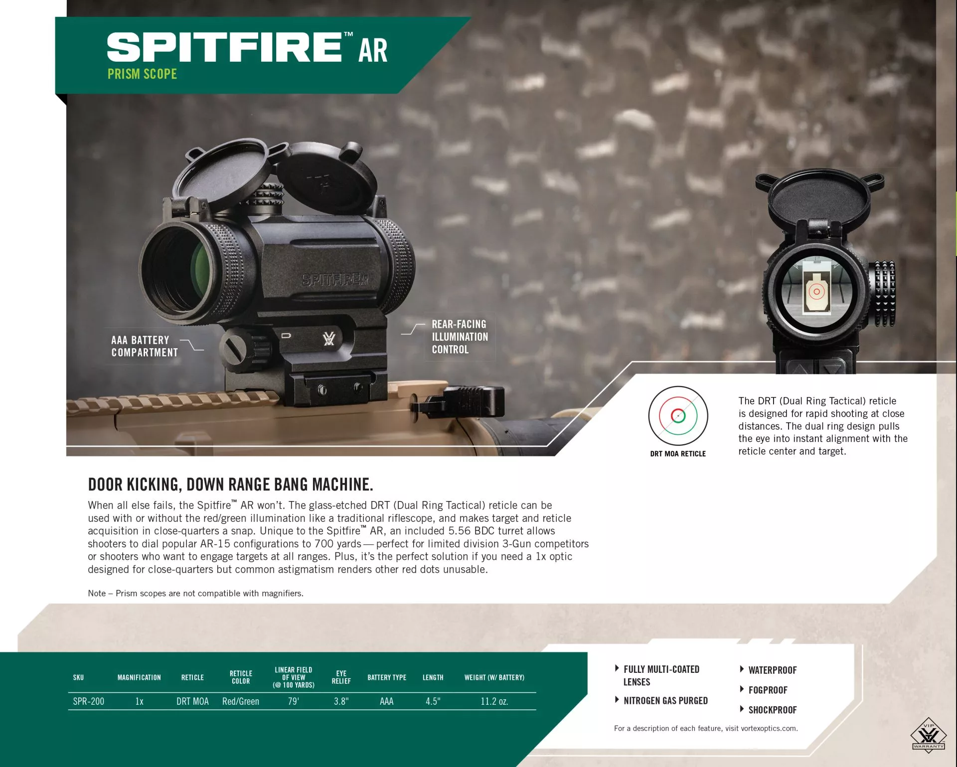 Vortex Optics Spitfire AR 1x Prism Scope - Viseur Prismatique Avec Réticule DRT (MOA)